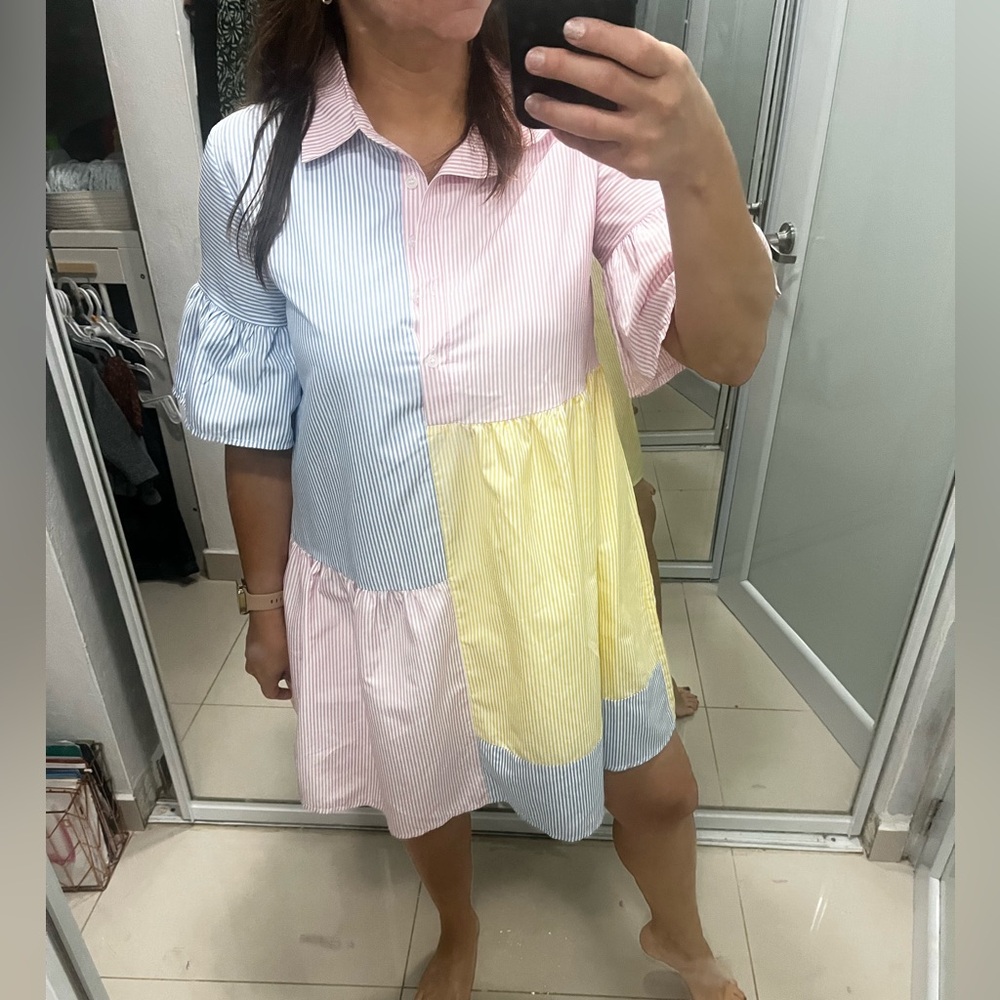 SHEIN Blue and Pink Asymmetrical Puff Sleeve Sundress